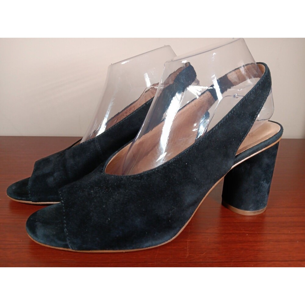 Madewell The Alana Suede Slingback Sandal 8.5 Black Cylinder 3" Heel See Pic